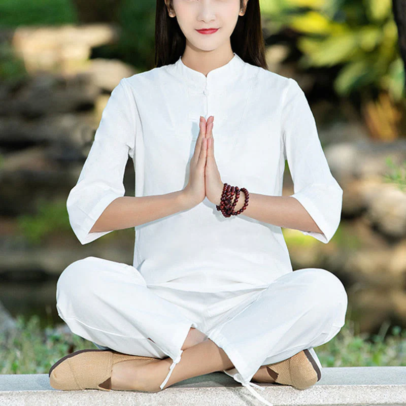 Buddha Stones 2 pezzi mezza manica camicia top pantaloni meditazione zen tai chi cotone lino abbigliamento donna set - Image 13
