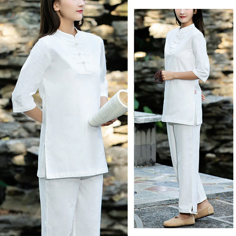 Buddha Stones 2 pezzi mezza manica camicia top pantaloni meditazione zen tai chi cotone lino abbigliamento donna set - Image 15