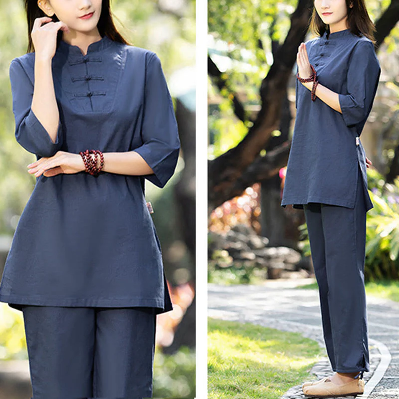 Buddha Stones 2 pezzi mezza manica camicia top pantaloni meditazione zen tai chi cotone lino abbigliamento donna set - Image 2