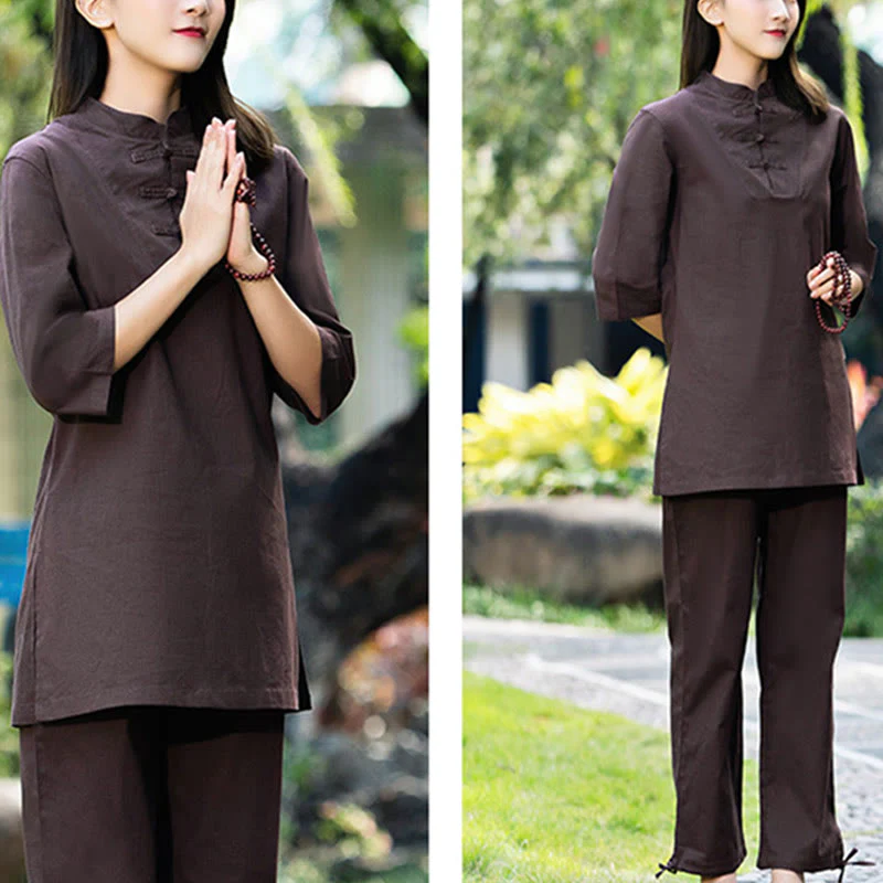 Buddha Stones 2 pezzi mezza manica camicia top pantaloni meditazione zen tai chi cotone lino abbigliamento donna set - Image 24