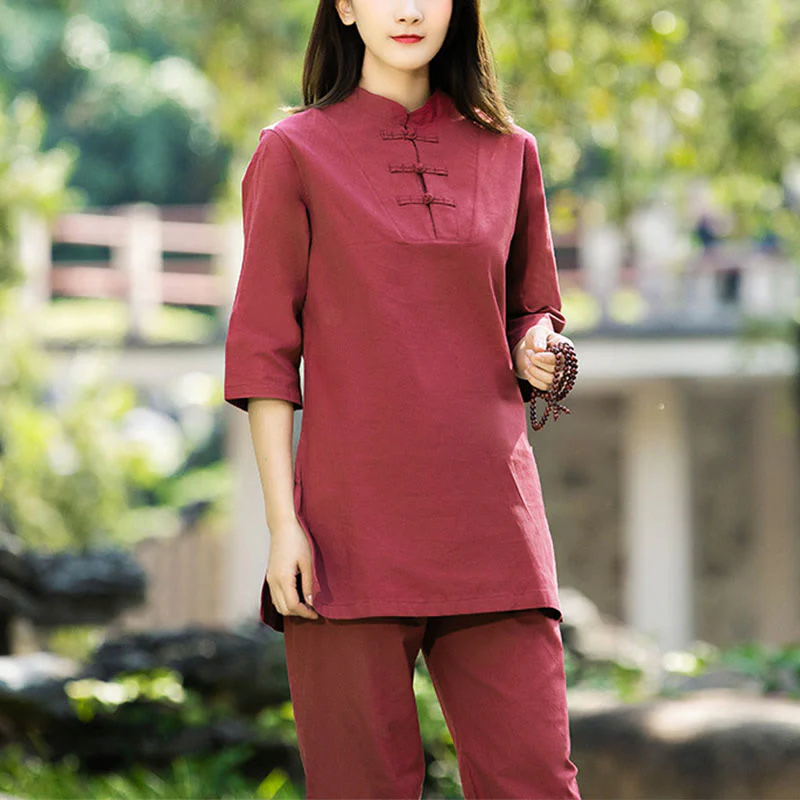 Buddha Stones 2 pezzi mezza manica camicia top pantaloni meditazione zen tai chi cotone lino abbigliamento donna set - Image 3