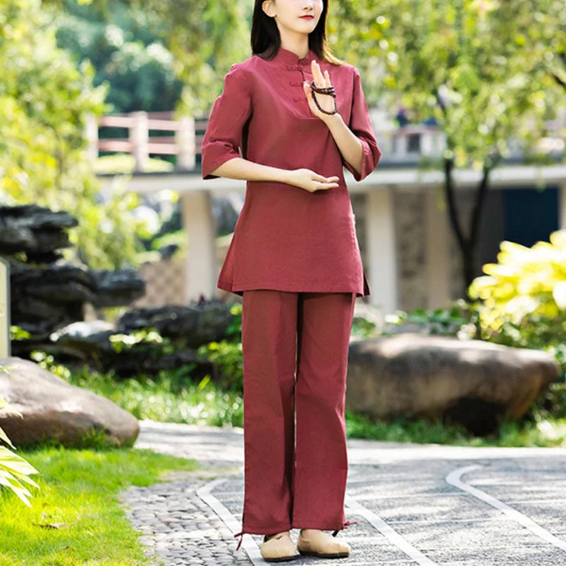 Buddha Stones 2 pezzi mezza manica camicia top pantaloni meditazione zen tai chi cotone lino abbigliamento donna set - Image 6