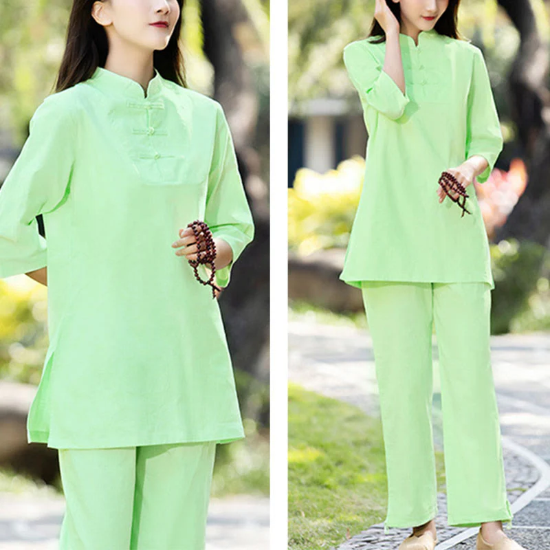 Buddha Stones 2 pezzi mezza manica camicia top pantaloni meditazione zen tai chi cotone lino abbigliamento donna set - Image 9