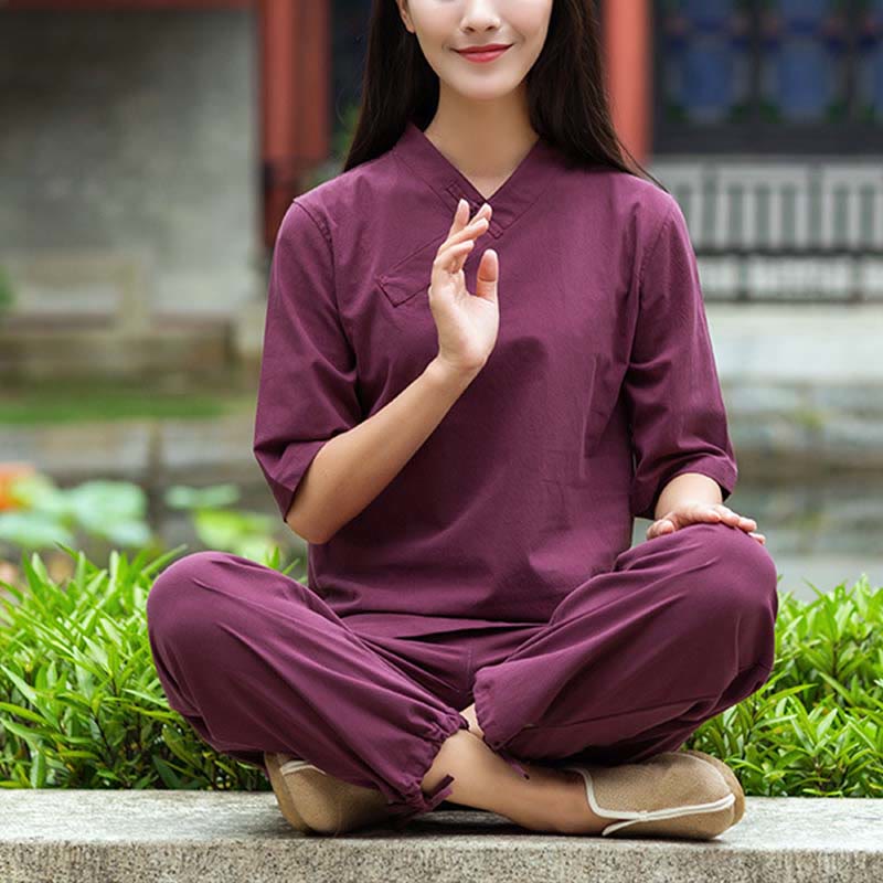 Buddha Stones 2 pezzi mezza manica scollo a V camicia top pantaloni meditazione zen tai chi abbigliamento in lino set da donna - Image 13