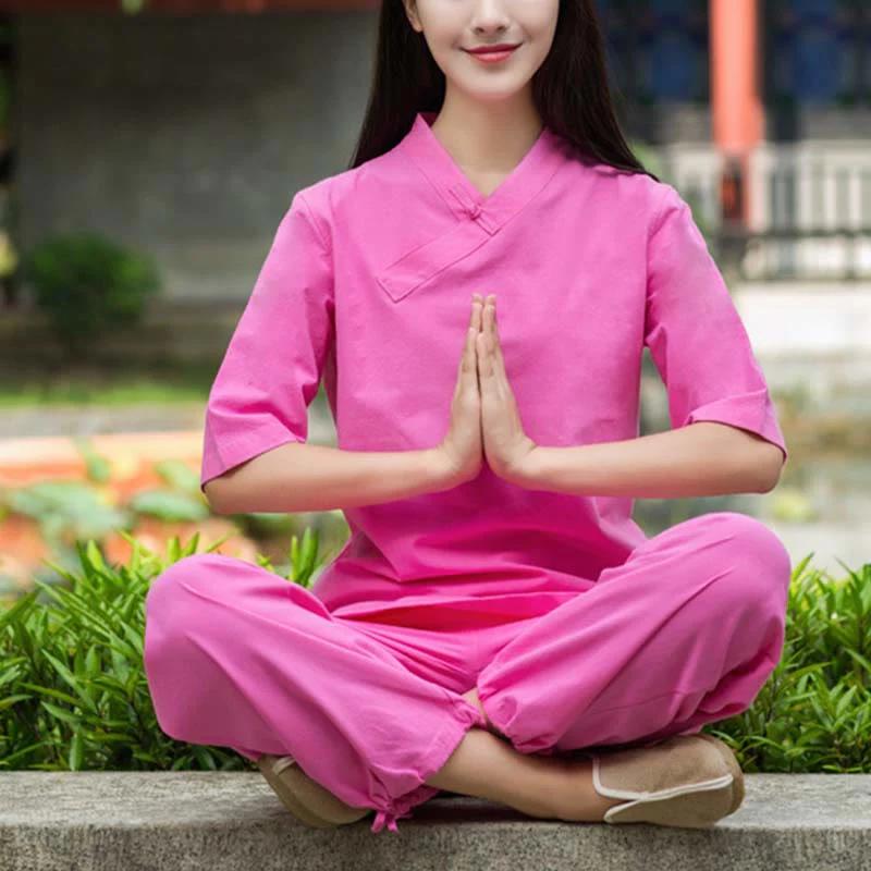 Buddha Stones 2 pezzi mezza manica scollo a V camicia top pantaloni meditazione zen tai chi abbigliamento in lino set da donna - Image 16