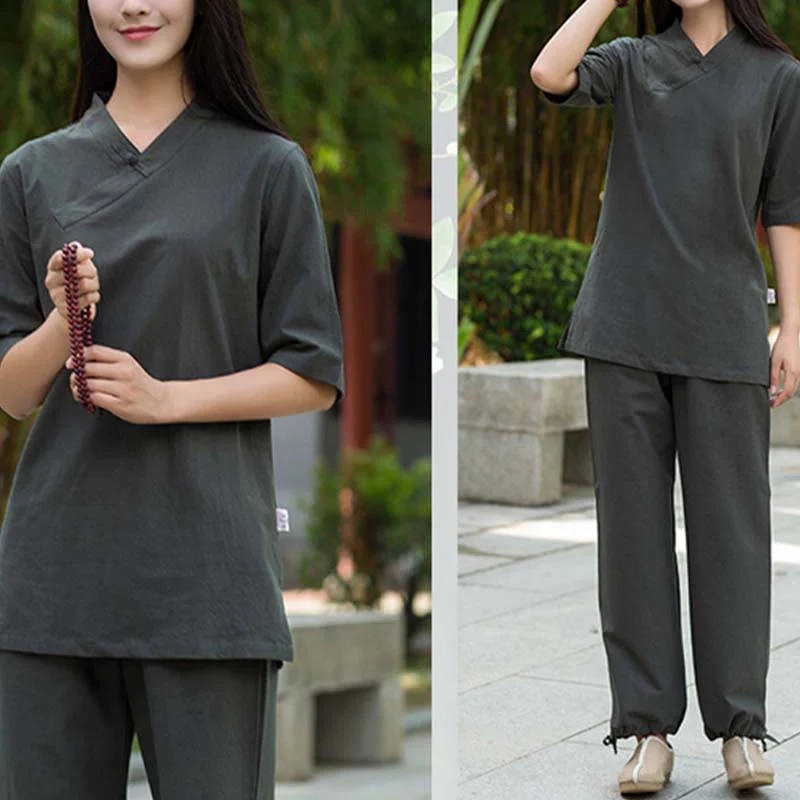 Buddha Stones 2 pezzi mezza manica scollo a V camicia top pantaloni meditazione zen tai chi abbigliamento in lino set da donna - Image 19