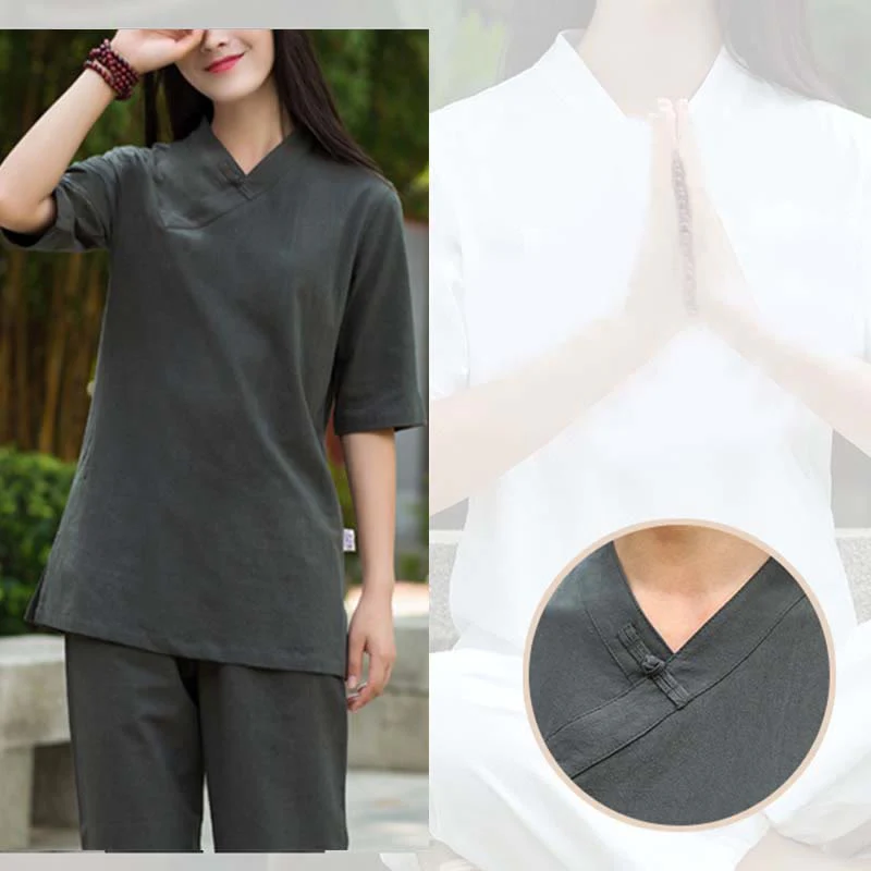Buddha Stones 2 pezzi mezza manica scollo a V camicia top pantaloni meditazione zen tai chi abbigliamento in lino set da donna - Image 20