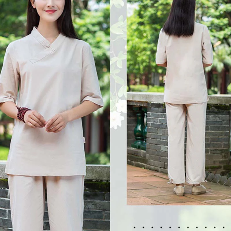Buddha Stones 2 pezzi mezza manica scollo a V camicia top pantaloni meditazione zen tai chi abbigliamento in lino set da donna - Image 3