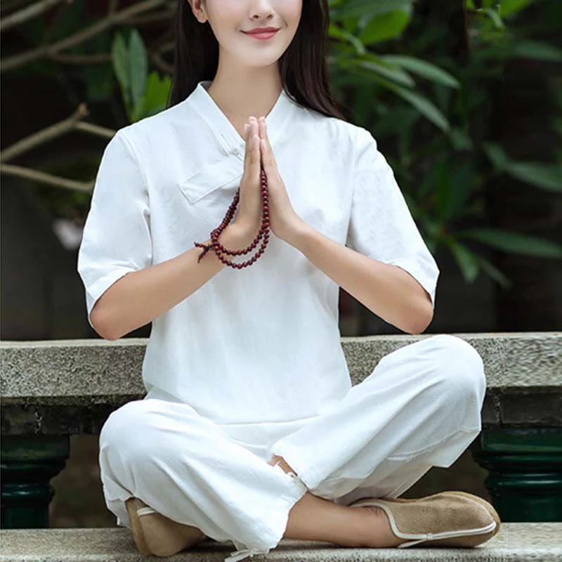 Buddha Stones 2 pezzi mezza manica scollo a V camicia top pantaloni meditazione zen tai chi abbigliamento in lino set da donna - Image 4