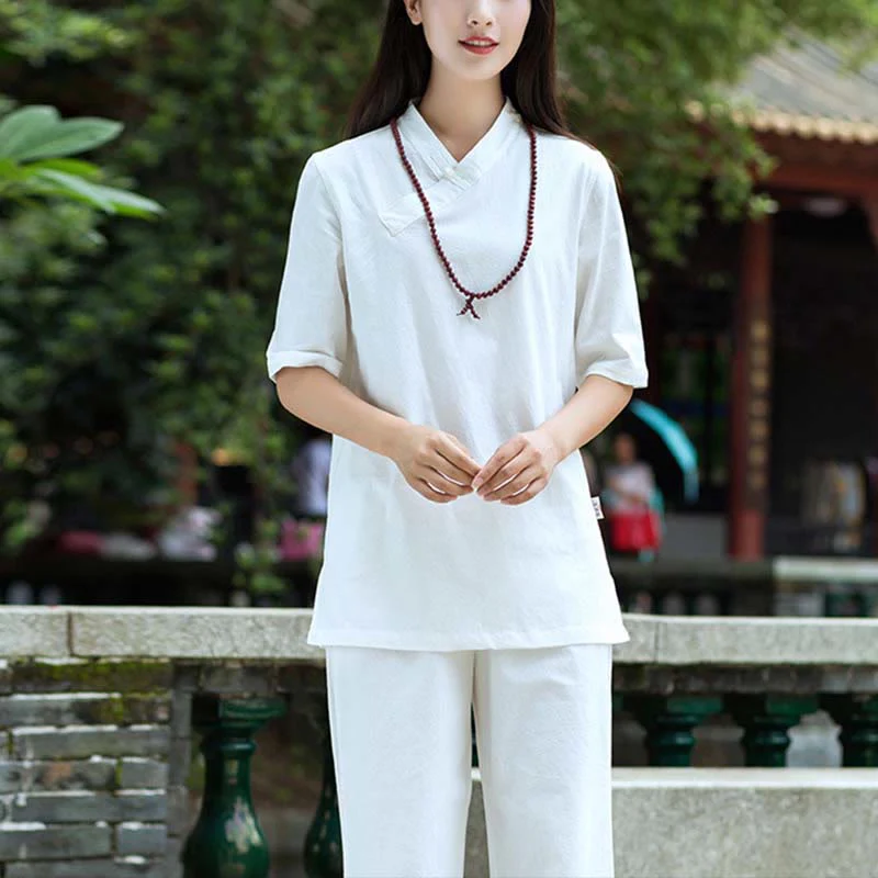 Buddha Stones 2 pezzi mezza manica scollo a V camicia top pantaloni meditazione zen tai chi abbigliamento in lino set da donna - Image 6