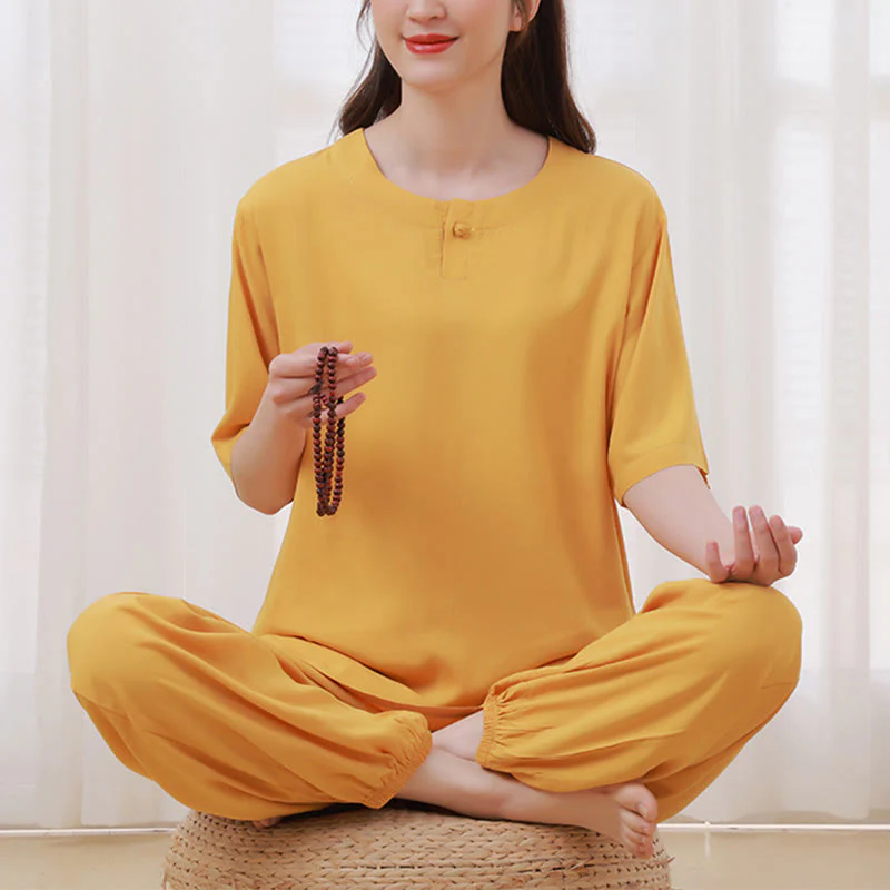 Buddha Stones 2 pezzi mezza manica T-shirt pantaloni meditazione Zen Tai Chi cotone lino abbigliamento unisex set - Image 4