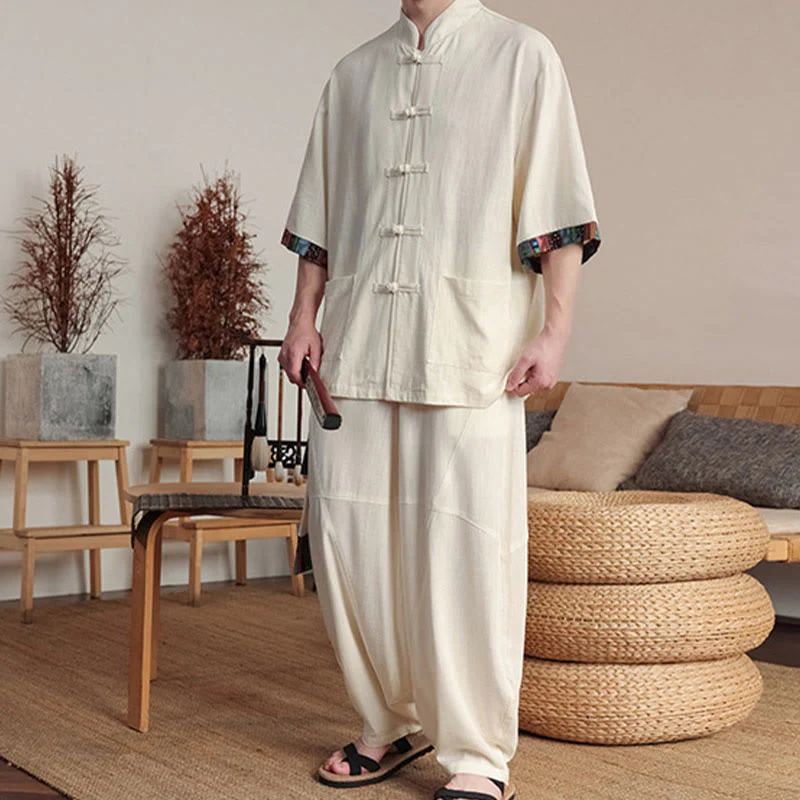 Buddha Stones 2 pezzi patchwork cinese rana-bottoni camicia pantaloni gamba larga uomo meditazione panno set con tasche - Image 2