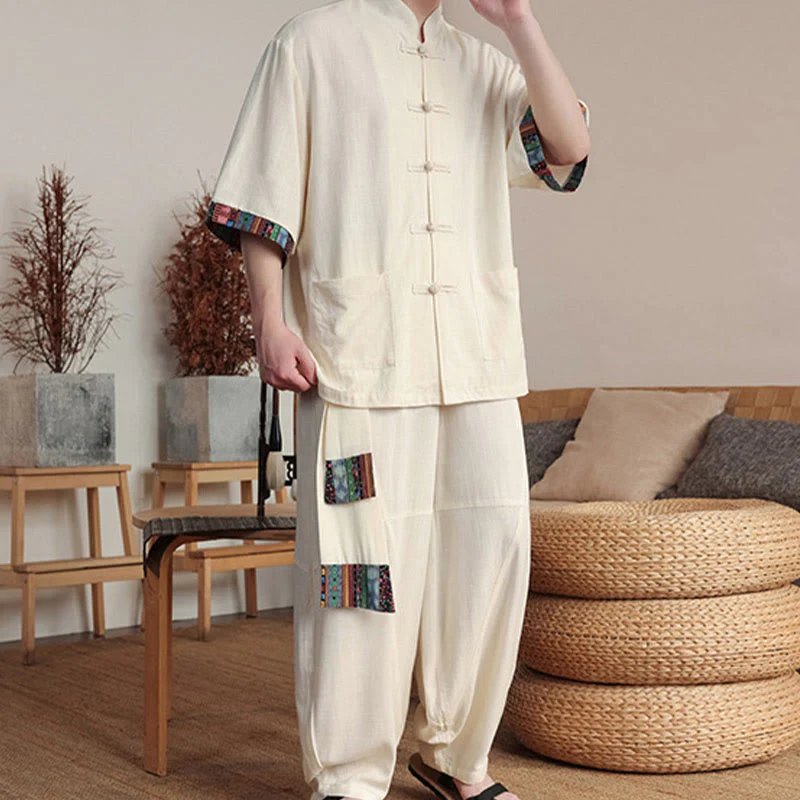 Buddha Stones 2 pezzi patchwork cinese rana-bottoni camicia pantaloni gamba larga uomo meditazione panno set con tasche - Image 3