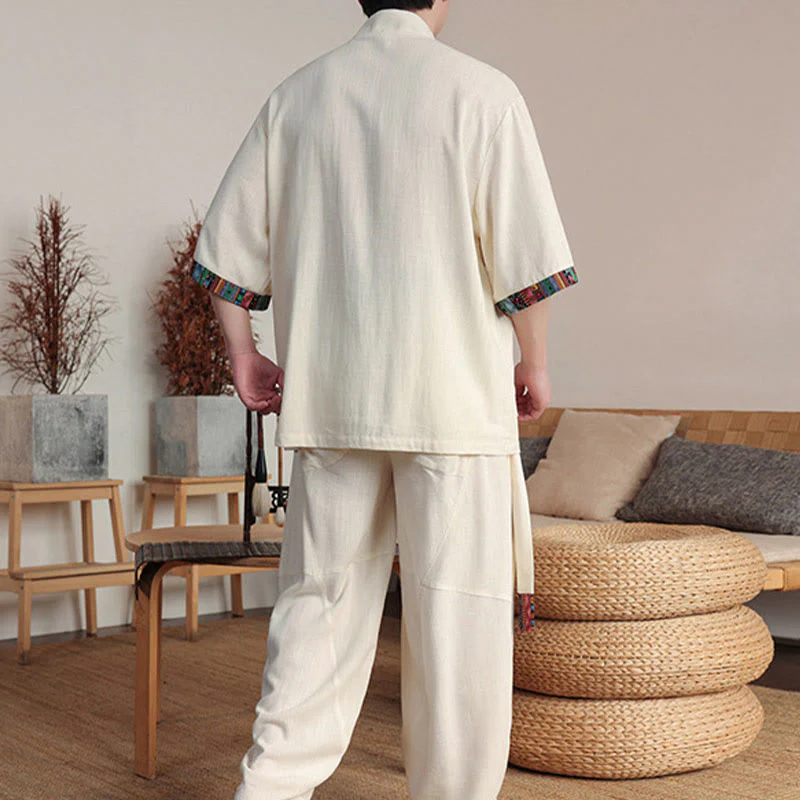 Buddha Stones 2 pezzi patchwork cinese rana-bottoni camicia pantaloni gamba larga uomo meditazione panno set con tasche - Image 4