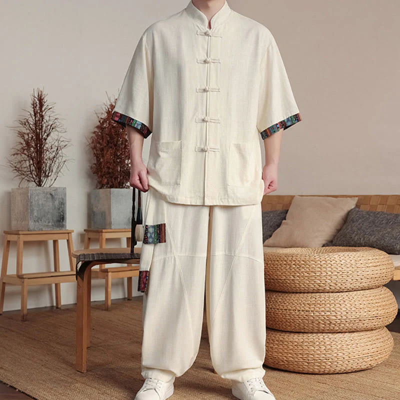 Buddha Stones 2 pezzi patchwork cinese rana-bottoni camicia pantaloni gamba larga uomo meditazione panno set con tasche - Image 7