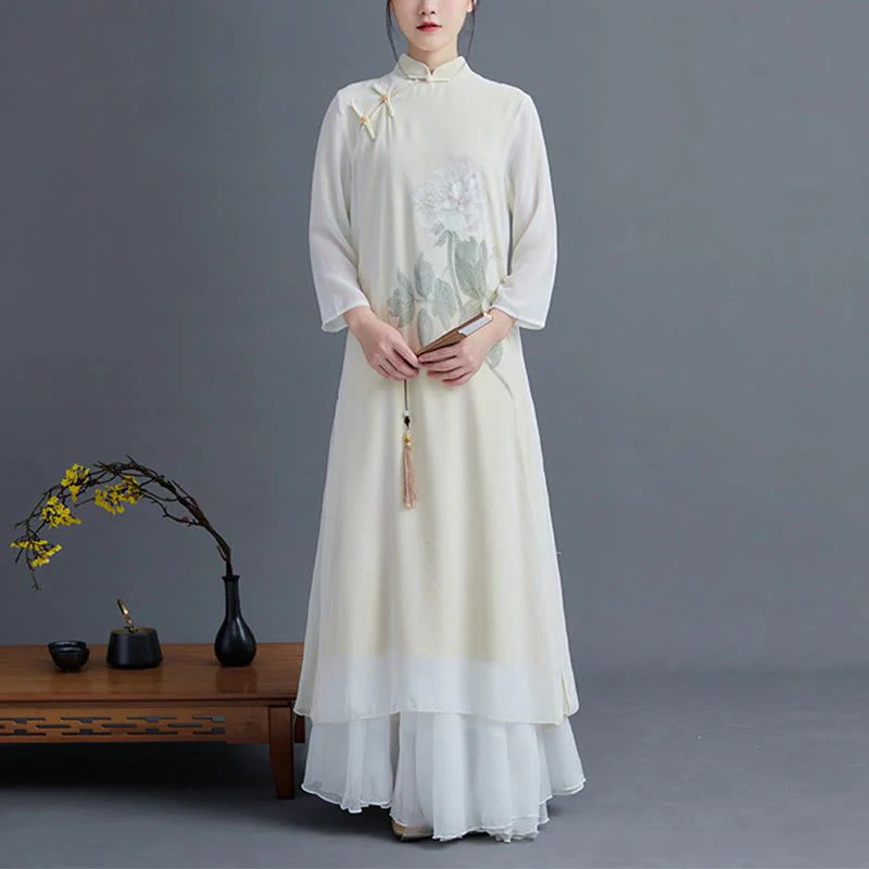 Buddha Stones 2 pezzi Peonia Fiore Cheongsam Midi Abito Gonna Chiffon Zen Abbigliamento Donna Set - Image 2