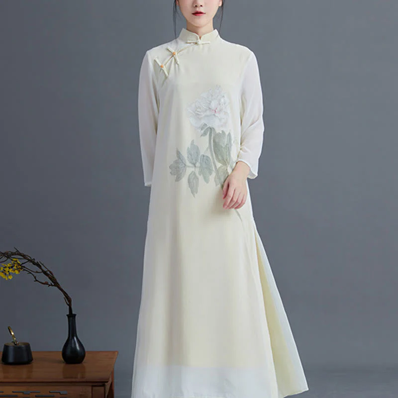 Buddha Stones 2 pezzi Peonia Fiore Cheongsam Midi Abito Gonna Chiffon Zen Abbigliamento Donna Set - Image 6