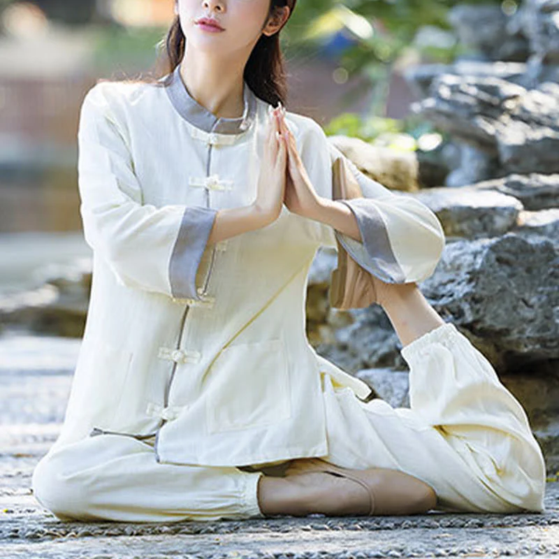 Buddha Stones 2 pezzi rana-bottoni manica lunga camicia top pantaloni meditazione zen tai chi cotone lino abbigliamento donna set - Image 2