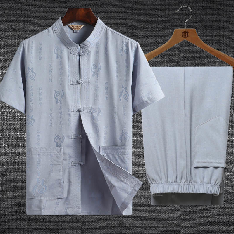 Buddha Stones 2 pezzi Rana-Pulsante Fu Carattere Drago Foglia di bambù Camicia a maniche corte Pantaloni Set da uomo