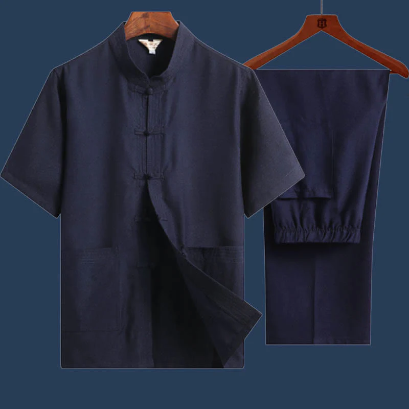 Buddha Stones 2 pezzi Rana-Pulsante Fu Carattere Drago Foglia di bambù Camicia a maniche corte Pantaloni Set da uomo - Image 17