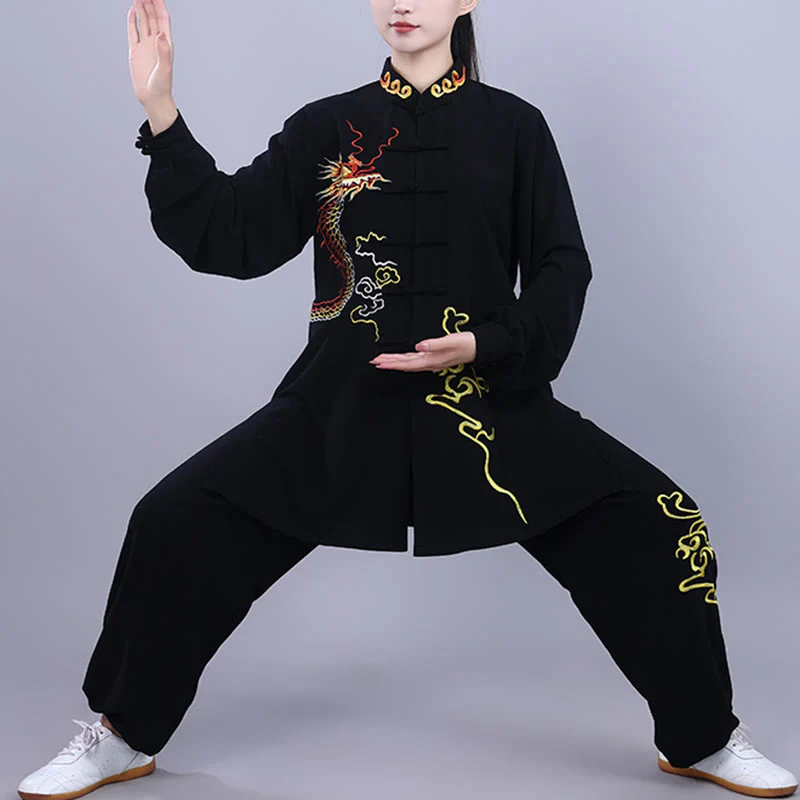 Buddha Stones 2 pezzi ricamo autunnale drago rana-bottone Tai Chi meditazione Qigong Zen pratica unisex cotone abbigliamento set - Image 2