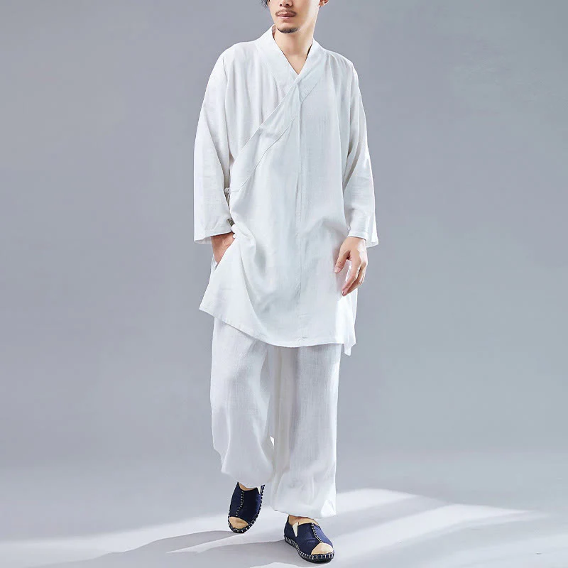 Buddha Stones 2 pezzi scollo a V da uomo manica lunga camicia top pantaloni meditazione zen tai chi cotone lino abbigliamento set