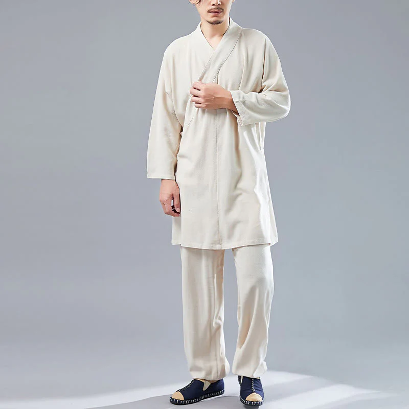 Buddha Stones 2 pezzi scollo a V da uomo manica lunga camicia top pantaloni meditazione zen tai chi cotone lino abbigliamento set - Image 10