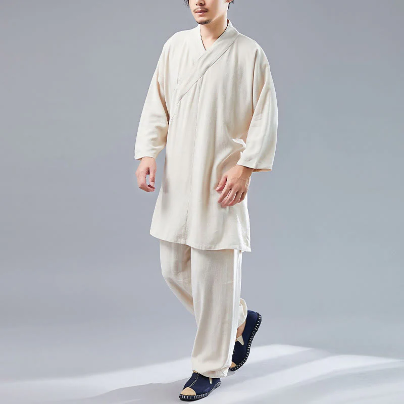 Buddha Stones 2 pezzi scollo a V da uomo manica lunga camicia top pantaloni meditazione zen tai chi cotone lino abbigliamento set - Image 12