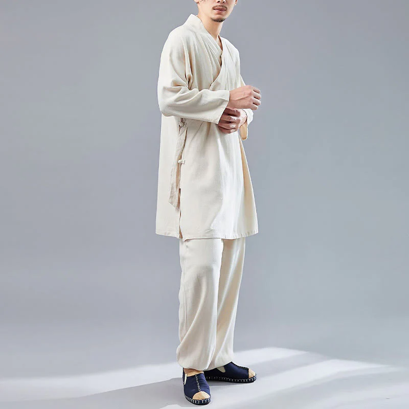 Buddha Stones 2 pezzi scollo a V da uomo manica lunga camicia top pantaloni meditazione zen tai chi cotone lino abbigliamento set - Image 13