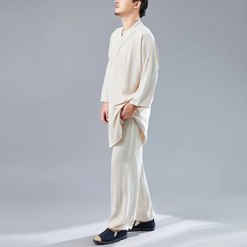 Buddha Stones 2 pezzi scollo a V da uomo manica lunga camicia top pantaloni meditazione zen tai chi cotone lino abbigliamento set - Image 14