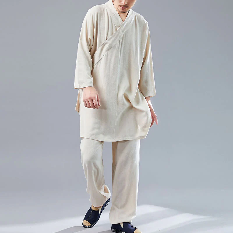 Buddha Stones 2 pezzi scollo a V da uomo manica lunga camicia top pantaloni meditazione zen tai chi cotone lino abbigliamento set - Image 15
