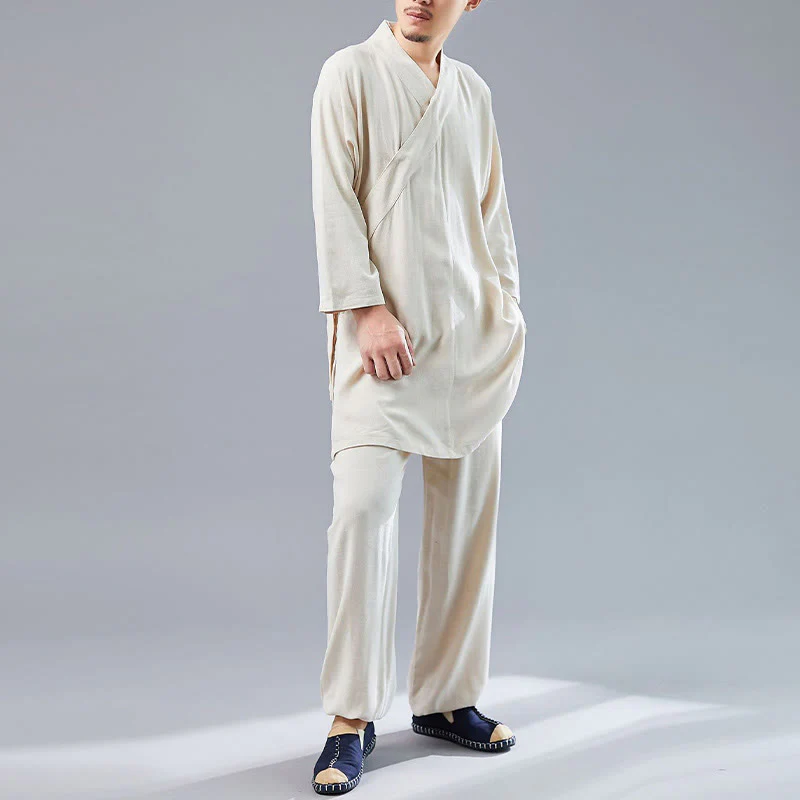 Buddha Stones 2 pezzi scollo a V da uomo manica lunga camicia top pantaloni meditazione zen tai chi cotone lino abbigliamento set - Image 16