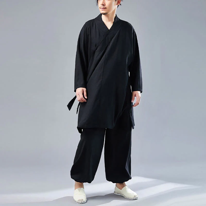 Buddha Stones 2 pezzi scollo a V da uomo manica lunga camicia top pantaloni meditazione zen tai chi cotone lino abbigliamento set - Image 27