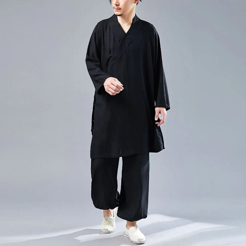 Buddha Stones 2 pezzi scollo a V da uomo manica lunga camicia top pantaloni meditazione zen tai chi cotone lino abbigliamento set - Image 29