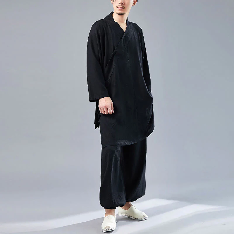 Buddha Stones 2 pezzi scollo a V da uomo manica lunga camicia top pantaloni meditazione zen tai chi cotone lino abbigliamento set - Image 30