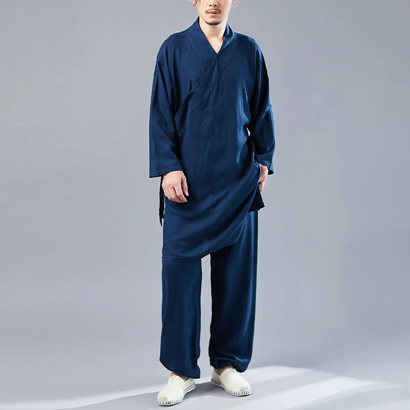 Buddha Stones 2 pezzi scollo a V da uomo manica lunga camicia top pantaloni meditazione zen tai chi cotone lino abbigliamento set - Image 32