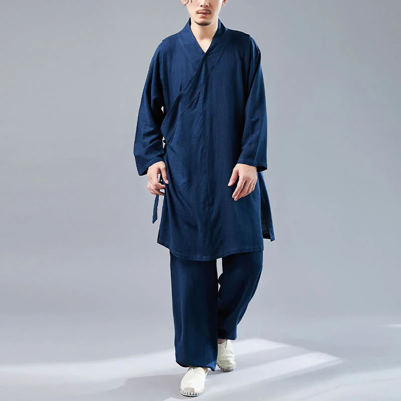 Buddha Stones 2 pezzi scollo a V da uomo manica lunga camicia top pantaloni meditazione zen tai chi cotone lino abbigliamento set - Image 33