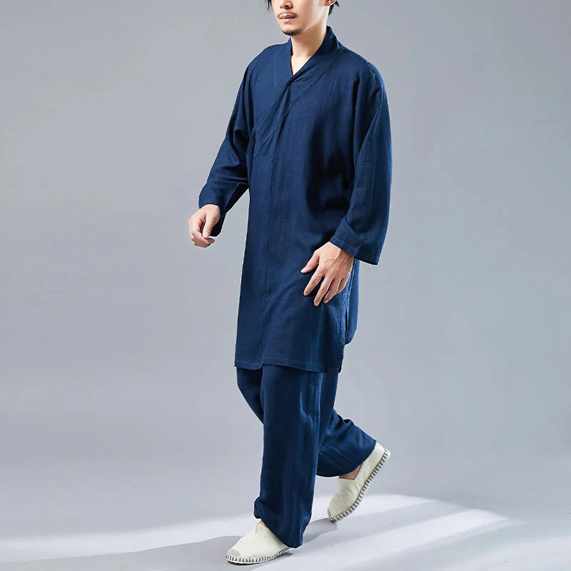 Buddha Stones 2 pezzi scollo a V da uomo manica lunga camicia top pantaloni meditazione zen tai chi cotone lino abbigliamento set - Image 36