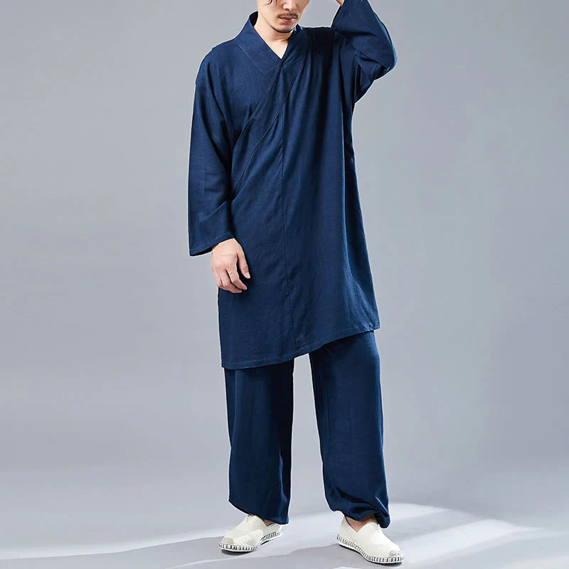 Buddha Stones 2 pezzi scollo a V da uomo manica lunga camicia top pantaloni meditazione zen tai chi cotone lino abbigliamento set - Image 37