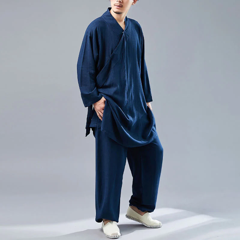 Buddha Stones 2 pezzi scollo a V da uomo manica lunga camicia top pantaloni meditazione zen tai chi cotone lino abbigliamento set - Image 40