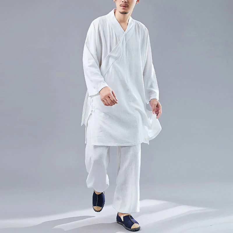 Buddha Stones 2 pezzi scollo a V da uomo manica lunga camicia top pantaloni meditazione zen tai chi cotone lino abbigliamento set - Image 6
