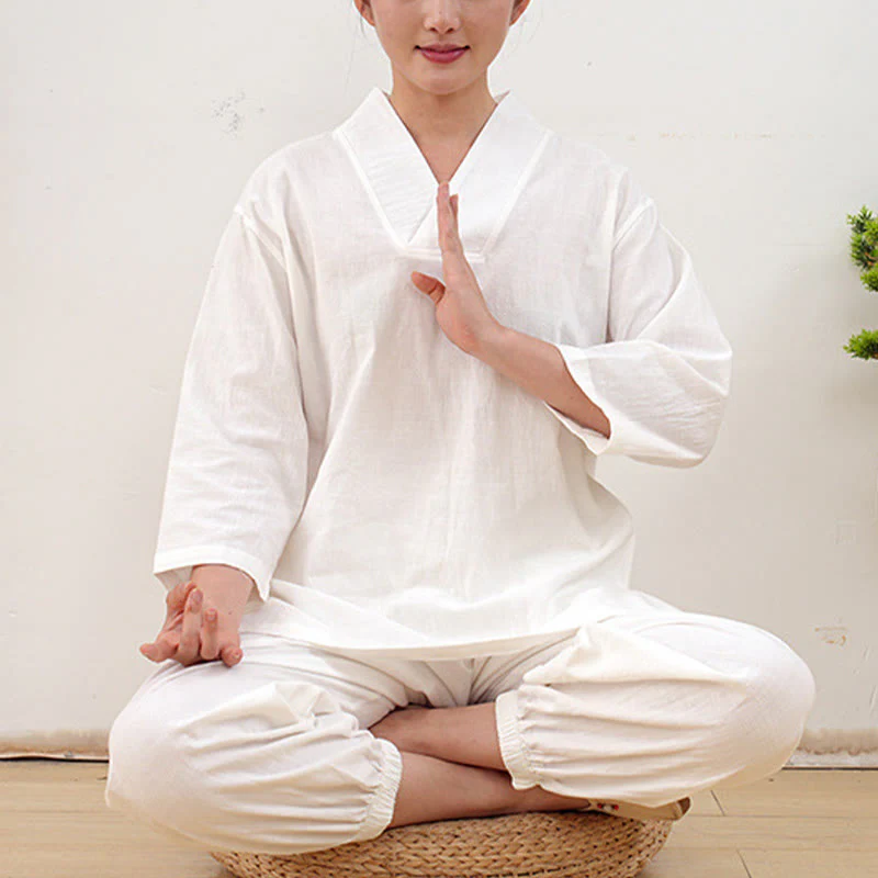Buddha Stones 2 pezzi scollo a V manica a tre quarti camicia top pantaloni meditazione zen tai chi cotone lino abbigliamento da donna set - Image 21