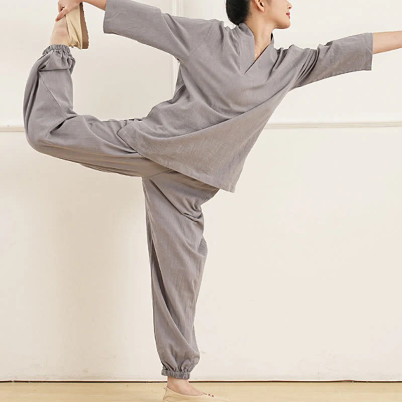 Buddha Stones 2 pezzi scollo a V manica a tre quarti camicia top pantaloni meditazione zen tai chi cotone lino abbigliamento da donna set - Image 3
