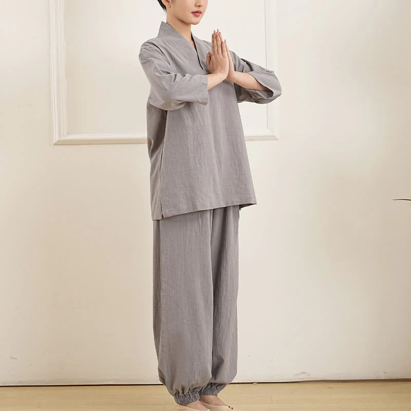 Buddha Stones 2 pezzi scollo a V manica a tre quarti camicia top pantaloni meditazione zen tai chi cotone lino abbigliamento da donna set - Image 6