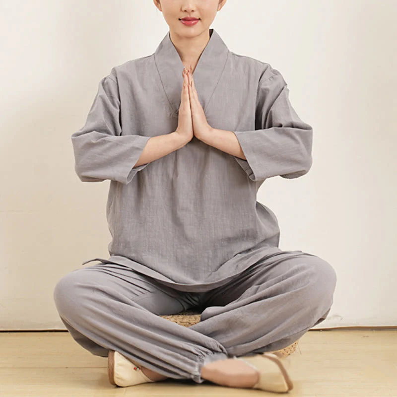 Buddha Stones 2 pezzi scollo a V manica a tre quarti camicia top pantaloni meditazione zen tai chi cotone lino abbigliamento da donna set - Image 7