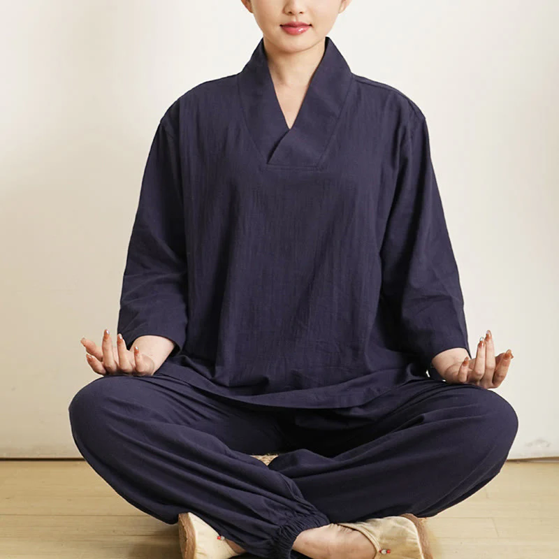 Buddha Stones 2 pezzi scollo a V manica a tre quarti camicia top pantaloni meditazione zen tai chi cotone lino abbigliamento da donna set - Image 8