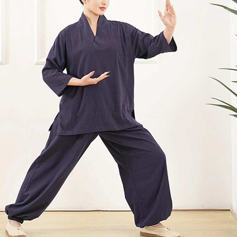 Buddha Stones 2 pezzi scollo a V manica a tre quarti camicia top pantaloni meditazione zen tai chi cotone lino abbigliamento da donna set - Image 9