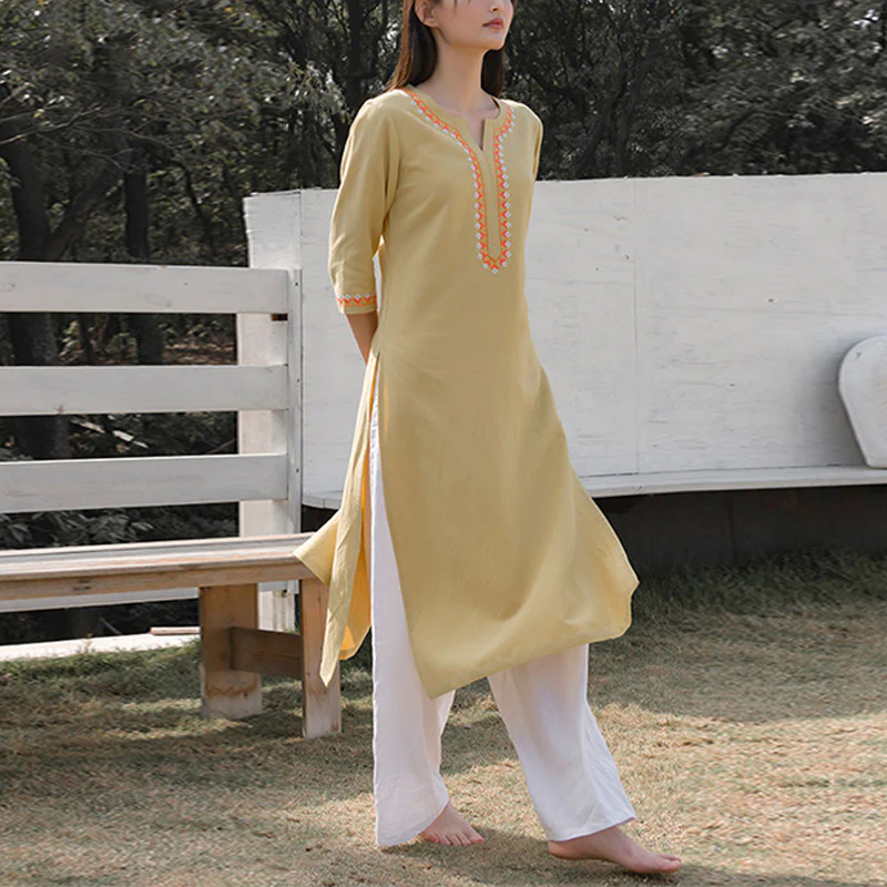 Buddha Stones 2 pezzi scollo a V ricamo yoga abbigliamento zen meditazione cotone lino top pantaloni set da donna - Image 16