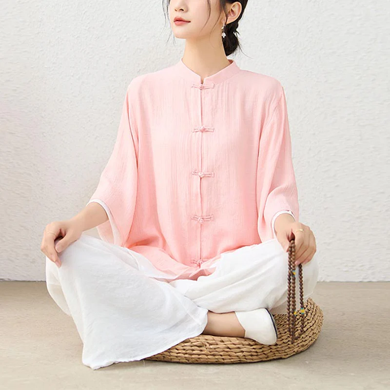 Buddha Stones 2 pezzi semplice cinese rana pulsante design top pantaloni meditazione yoga zen tai chi cotone abbigliamento donna set