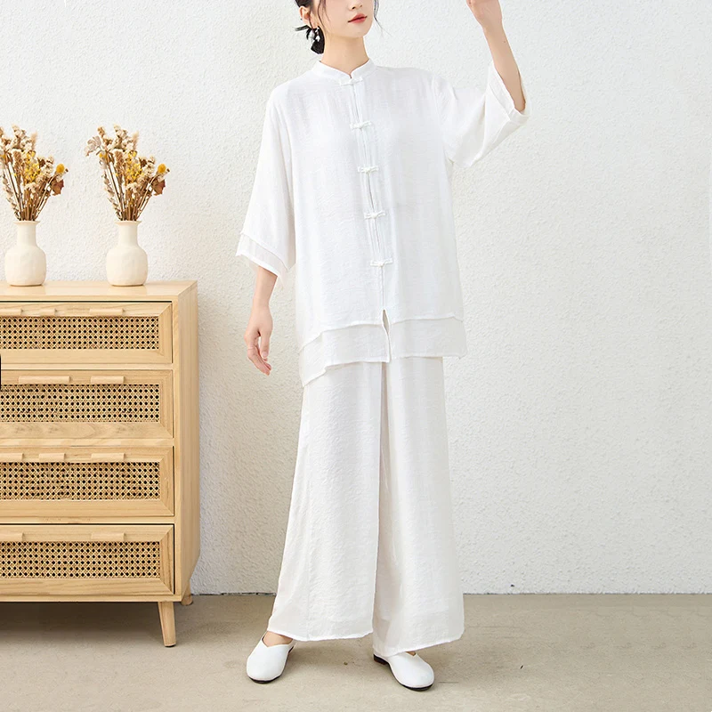Buddha Stones 2 pezzi semplice cinese rana pulsante design top pantaloni meditazione yoga zen tai chi cotone abbigliamento donna set - Image 18